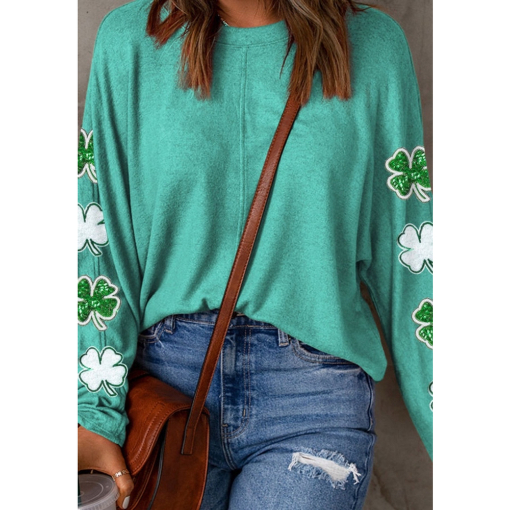 St Patrick’s Long Sleeve Top with White and Green Sequin Shamrocks - Picture 2 of 5
